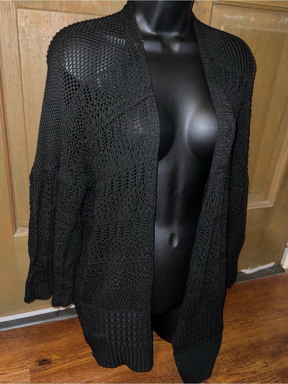 Black Crochet Knit Oversized Boho Wide Sleeve Mesh Flowy Cardigan One Size - Picture 3 of 7